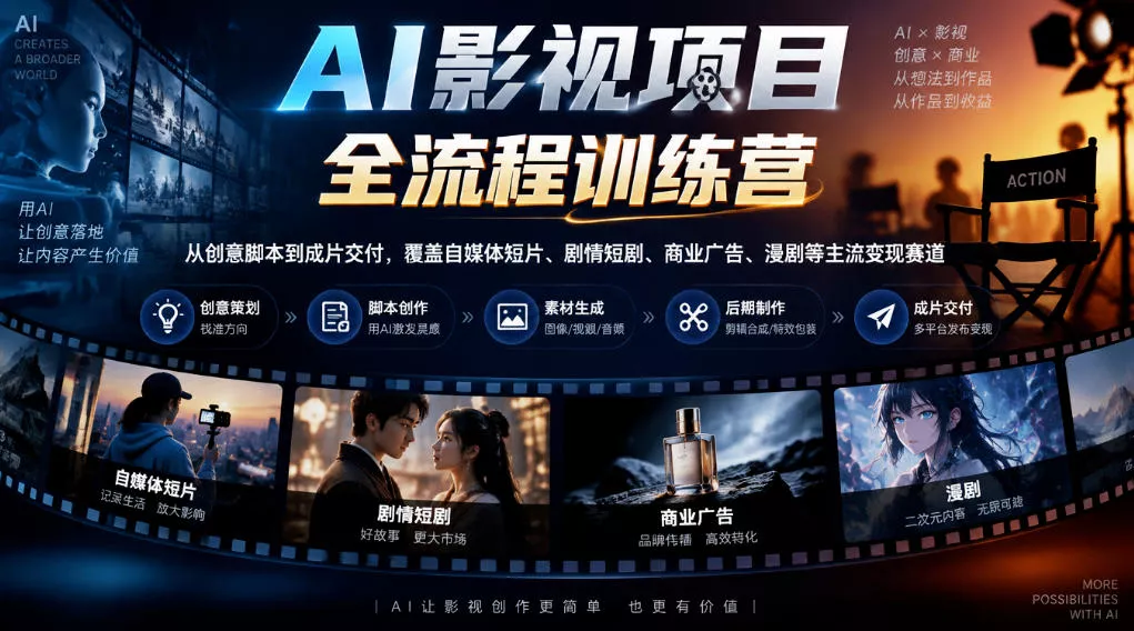 AI影视项目全流程训练营,从创意脚本到成片交付,覆盖自媒体短片、剧情短剧、商业广告、漫剧等主流变现赛道祝你网--专注互联网创业.信息差副业研究拒绝割韭菜祝你网