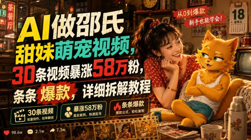 AI做邵氏甜妹萌宠视频,30条视频暴涨58万粉,条条爆款,详细拆解教程祝你网--专注互联网创业.信息差副业研究拒绝割韭菜祝你网