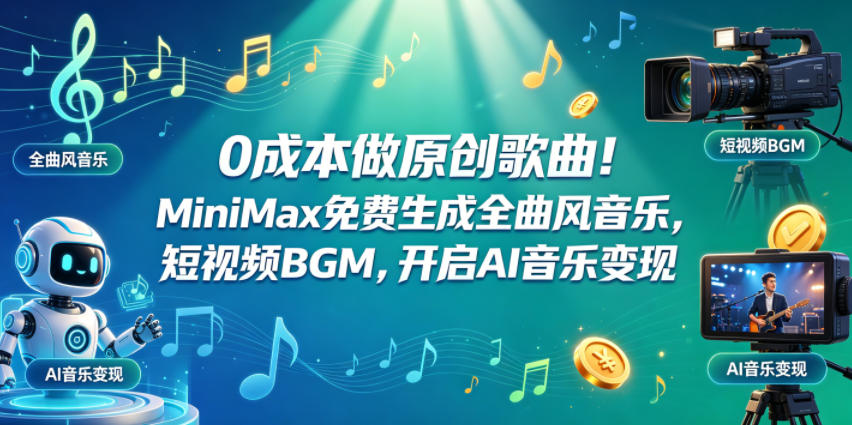 0成本做原创歌曲！MiniMax免费生成全曲风音乐，短视频BGM，开启AI音乐变现祝你网--专注互联网创业.信息差副业研究拒绝割韭菜祝你网