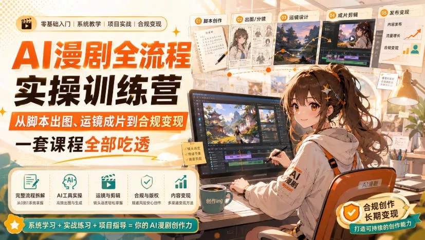 AI漫剧全流程实操训练营，从脚本出图、运镜成片到合规变现，一套课程全部吃透祝你网--专注互联网创业.信息差副业研究拒绝割韭菜祝你网