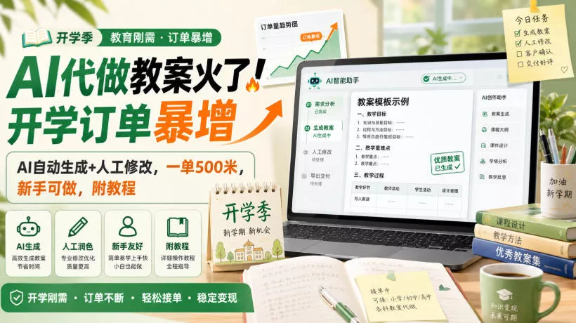 d9937ff0c9960afd99d96e8fd7e2736d.webp AI代做教案火了!开学订单暴增,AI自动生成+人工修改,一单500米,新手可做,附教程【揭秘】