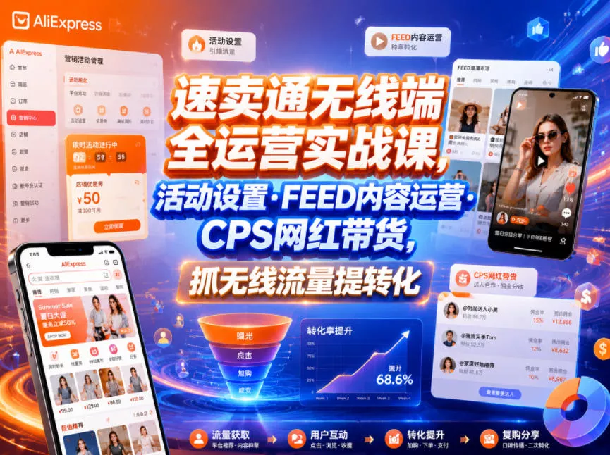 速卖通无线端全运营实战课，活动设置・FEED内容运营・CPS网红带货，抓无线流量提转化祝你网--专注互联网创业.信息差副业研究拒绝割韭菜祝你网