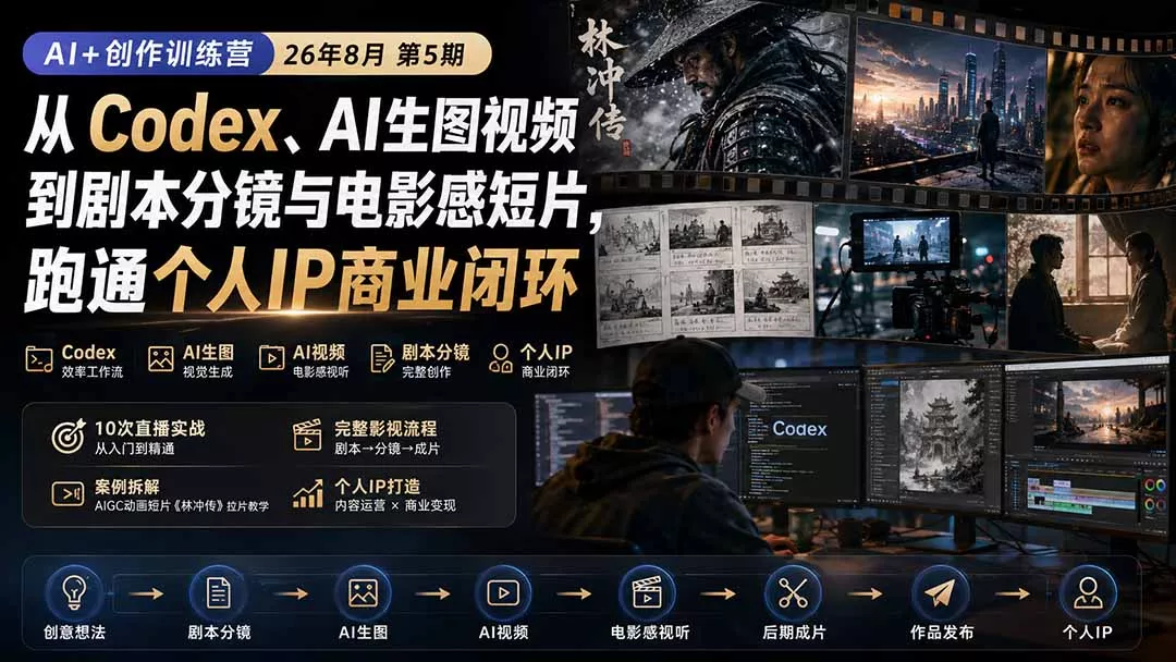 d9be807775cd331de555dbc47a6a0350.webp AI+创作训练营26年8月第5期:从Codex、AI生图视频到剧本分镜与电影感短片,跑通个人IP商业闭环