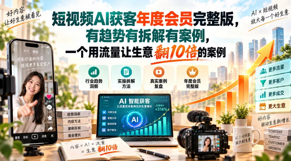 短视频AI获客年度会员完整版，有趋势有拆解有案例，一个用流量让生意翻10倍的案例祝你网--专注互联网创业.信息差副业研究拒绝割韭菜祝你网
