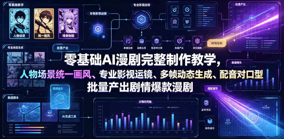 d9e68f56afdff733a40a54387ce6e734.webp 零基础AI漫剧完整制作教学,人物场景统一画风、专业影视运镜、多帧动态生成、配音对口型,批量产出剧情爆款漫剧