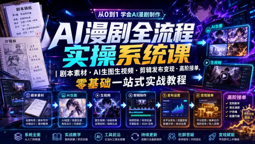 d9ed550aeef6c6a5de52bf099ff80c32.webp AI漫剧全流程实操系统课|剧本素材・AI生图生视频・剪辑发布变现・高阶接单,零基础一站式实战教程