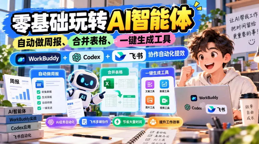 da956d98d592ab6333ea00e839c4b343.webp 【无水印】零基础玩转AI智能体,自动做周报、合并表格、一键生成工具,WorkBuddy+Codex + 飞书协作自动化提效