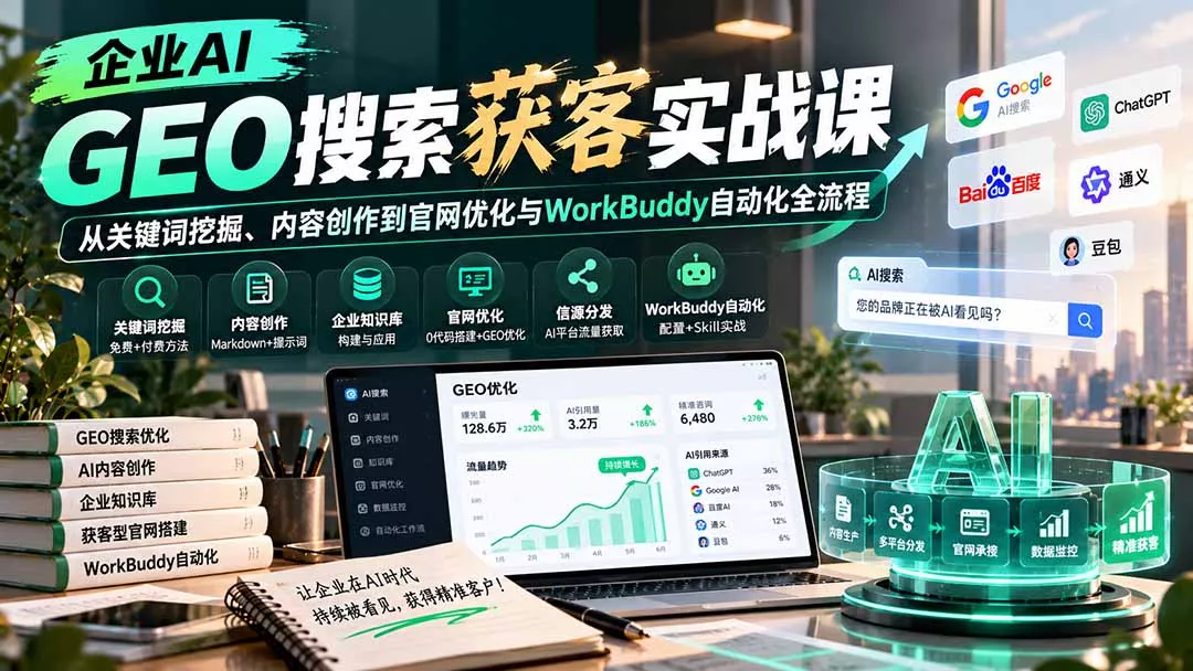 dac685463068f26546c21512c1d9a779.webp 企业AI GEO搜索获客实战课:从关键词挖掘、内容创作到官网优化与WorkBuddy自动化全流程