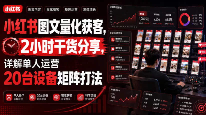 小红书图文量化获客，2小时干货分享，详解单人运营20台设备矩阵打法祝你网--专注互联网创业.信息差副业研究拒绝割韭菜祝你网