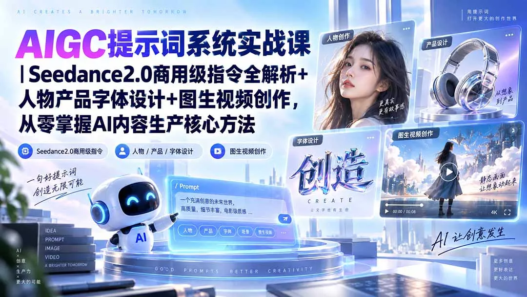 dc682ceb5bd7c059ece34fabc7d535c4.webp AIGC提示词系统实战课-无水印|Seedance2.0商用级指令全解析+人物产品字体设计+图生视频创作,掌握AI内容生产方法