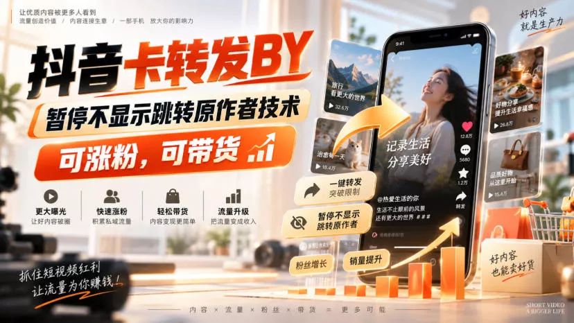 抖音卡转发搬运,暂停不显示跳转原作者技术,可涨粉,可带货祝你网--专注互联网创业.信息差副业研究拒绝割韭菜祝你网