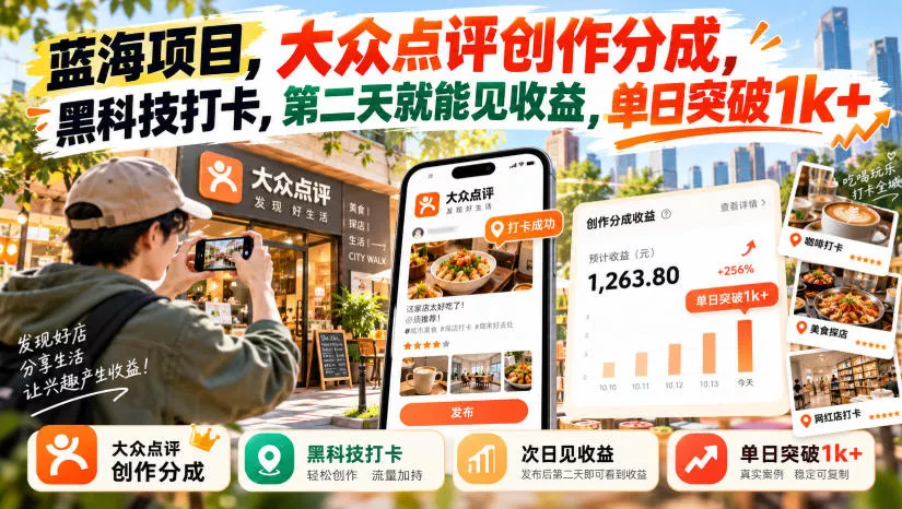 dcf0e8c48dead1b2ee338302c0b66a41.webp 蓝海项目,大众点评创作分成,黑科技打卡,第二天就能见收益,单日突破1k+【揭秘】