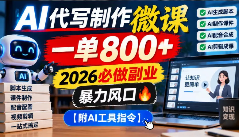 dcf25b1e93d9df172d61cdd6bfeea42c.webp AI代写制作微课,一单800+,2026必做副业,暴力风口【附AI工具指令】【揭秘】