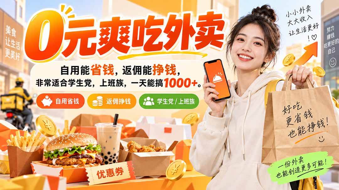 （20309期）0元爽吃外卖，自用能省钱，返佣能挣钱，非常适合学生党，上班族，一天能搞1000+祝你网--专注互联网创业.信息差副业研究拒绝割韭菜祝你网