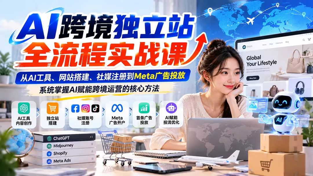 dd5d334d1ae917b2932e6b57fcc0379b.webp AI跨境独立站全流程实战课:从AI工具、网站搭建、社媒注册到Meta广告投放,系统掌握AI赋能跨境运营的核心方法