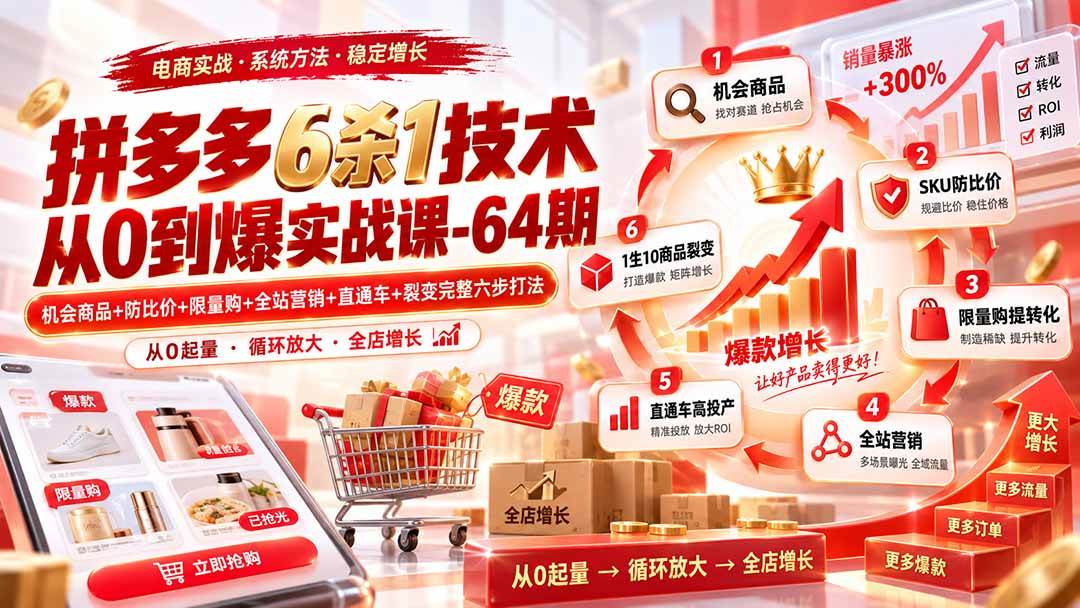 （20315期）拼多多6杀1技术从0到爆实战课-64期：机会商品+防比价+限量购+全站营销+直通车+裂变完整六步打法祝你网--专注互联网创业.信息差副业研究拒绝割韭菜祝你网