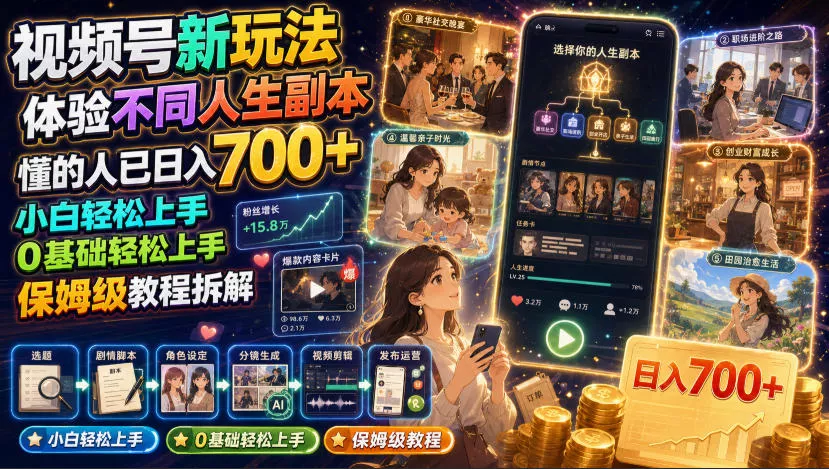 视频号新玩法体验不同人生副本,懂的人已日入700+,小白轻松上手,0基础轻松上手,保姆级教程拆解祝你网--专注互联网创业.信息差副业研究拒绝割韭菜祝你网