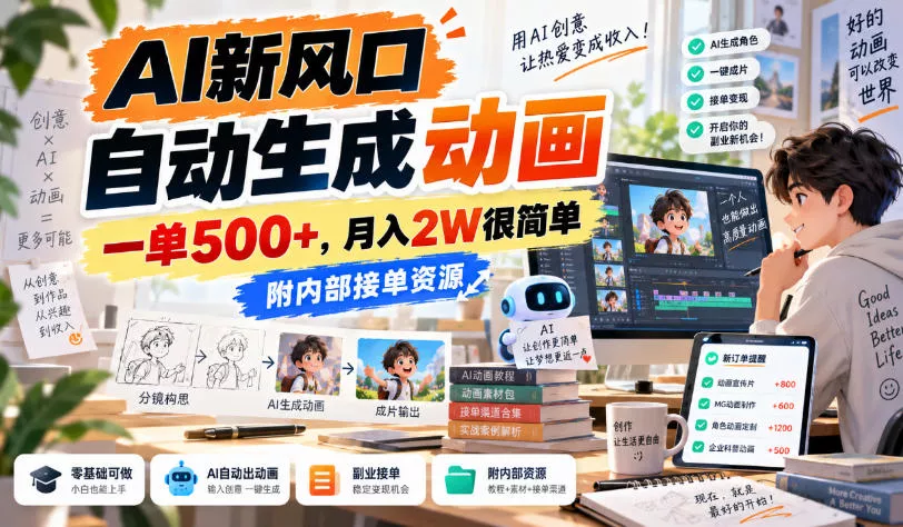 AI新风口,自动生成动画,一单500+,月入2W很简单,附内部接单资源【揭秘】祝你网--专注互联网创业.信息差副业研究拒绝割韭菜祝你网