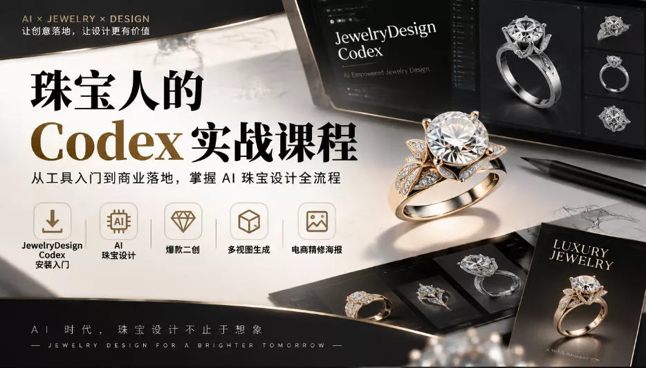 珠宝人的Codex实战课程｜JewelryDesign Codex安装入门、AI珠宝设计、爆款二创、多视图生成、电商精修海报全链路教学祝你网--专注互联网创业.信息差副业研究拒绝割韭菜祝你网