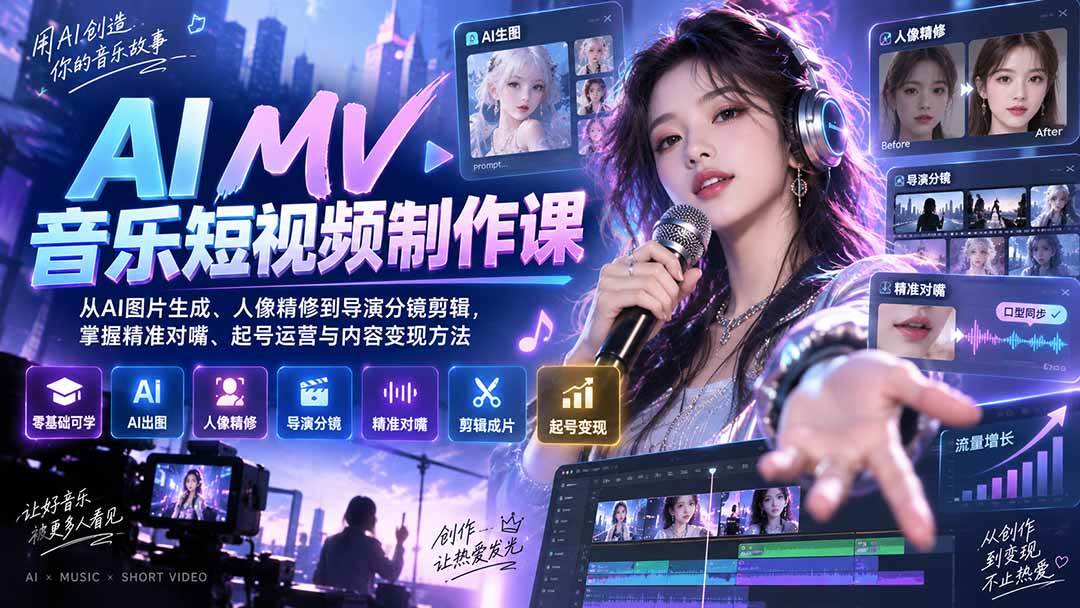 dec9e0fa1a02e73ce69dd7085ba61262.jpeg (20364期)AI MV音乐短视频制作课:从AI图片生成、人像精修到导演分镜剪辑,掌握精准对嘴、起号运营与内容变现方法