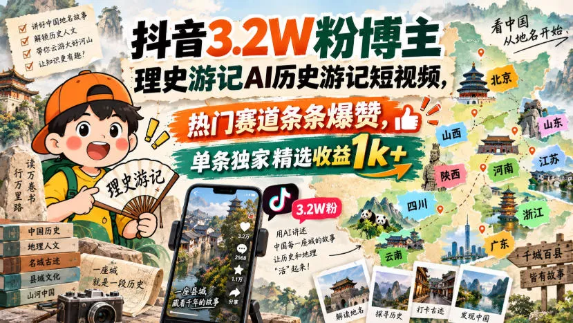 抖音3.2W粉博主理史游记AI历史游记短视频教学,热门赛道条条爆赞,单条独家精选收益1k+祝你网--专注互联网创业.信息差副业研究拒绝割韭菜祝你网