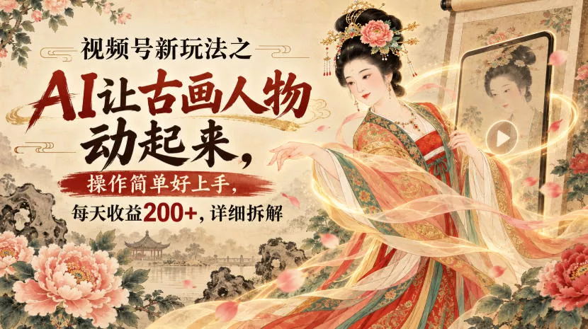 视频号新玩法之AI让古画人物动起来，操作简单好上手，每天收益200+，详细拆解祝你网--专注互联网创业.信息差副业研究拒绝割韭菜祝你网