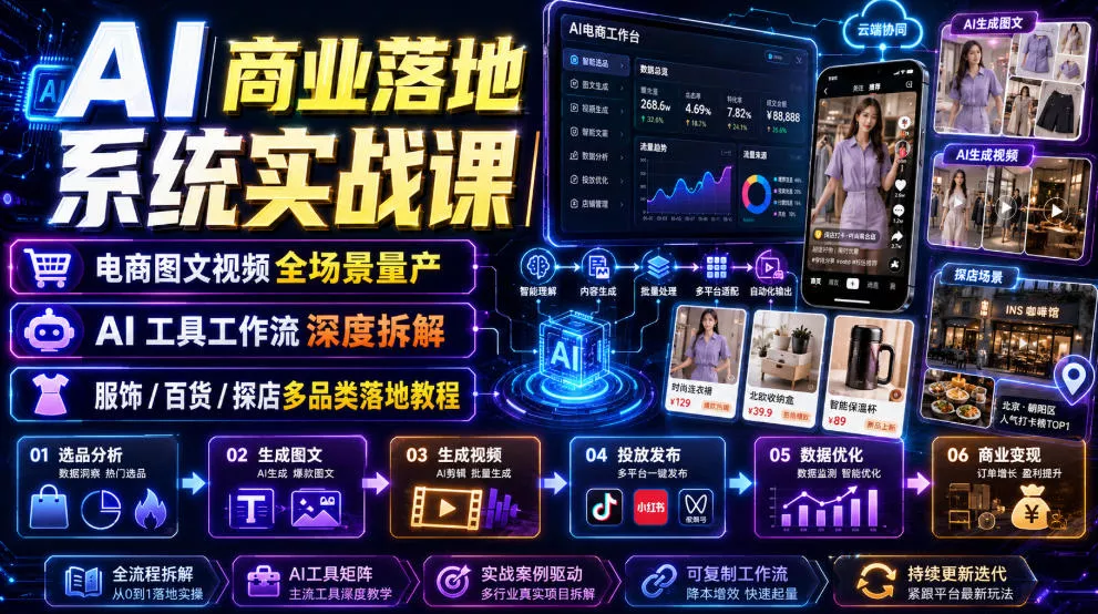 AI商业落地系统实战课|电商图文视频全场景量产・AI工具工作流深度拆解・服饰/百货/探店多品类落地教程祝你网--专注互联网创业.信息差副业研究拒绝割韭菜祝你网