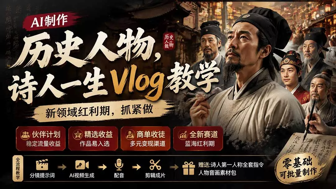 历史人物,诗人一生Vlog教学, AI制作丨伙伴计划丨精选收益丨商单收徒 ,新领域红利期,抓紧做祝你网--专注互联网创业.信息差副业研究拒绝割韭菜祝你网
