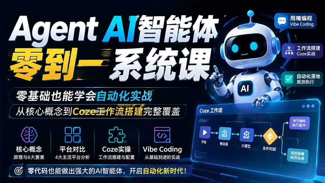 Agent AI智能体零到一系统课;零基础也能学会自动化实战,从核心概念到Coze工作流搭建完整覆盖祝你网--专注互联网创业.信息差副业研究拒绝割韭菜祝你网