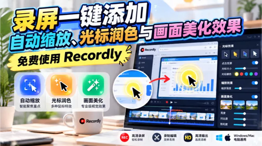dfe105522a5eabcb4a9a41876f60b153.webp 录屏一键添加自动缩放、光标润色与画面美化效果,免费使用Recordly