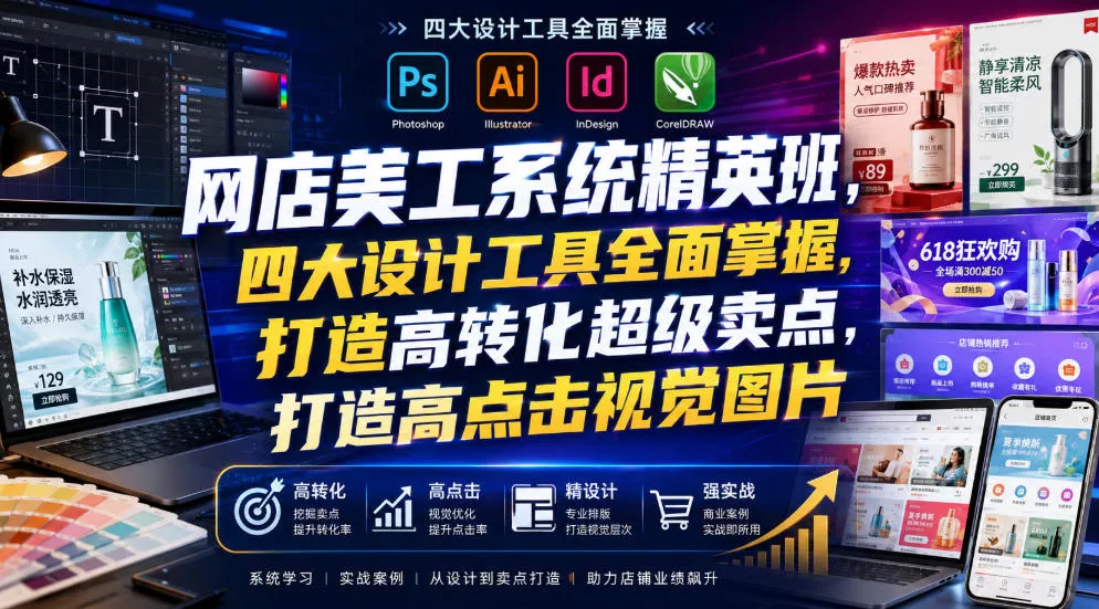 网店美工系统精英班,四大设计工具全面掌握,打造高转化超级卖点,打造高点击视觉图片(2026年7月)祝你网--专注互联网创业.信息差副业研究拒绝割韭菜祝你网
