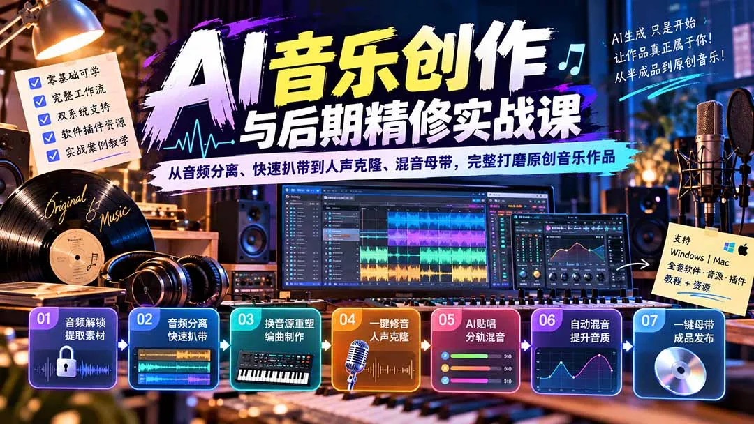 e019c2fc4b1b372f2d5ef79c9a22be32.webp AI音乐创作与后期精修实战课:从音频分离、快速扒带到人声克隆、混音母带,完整打磨原创音乐作品