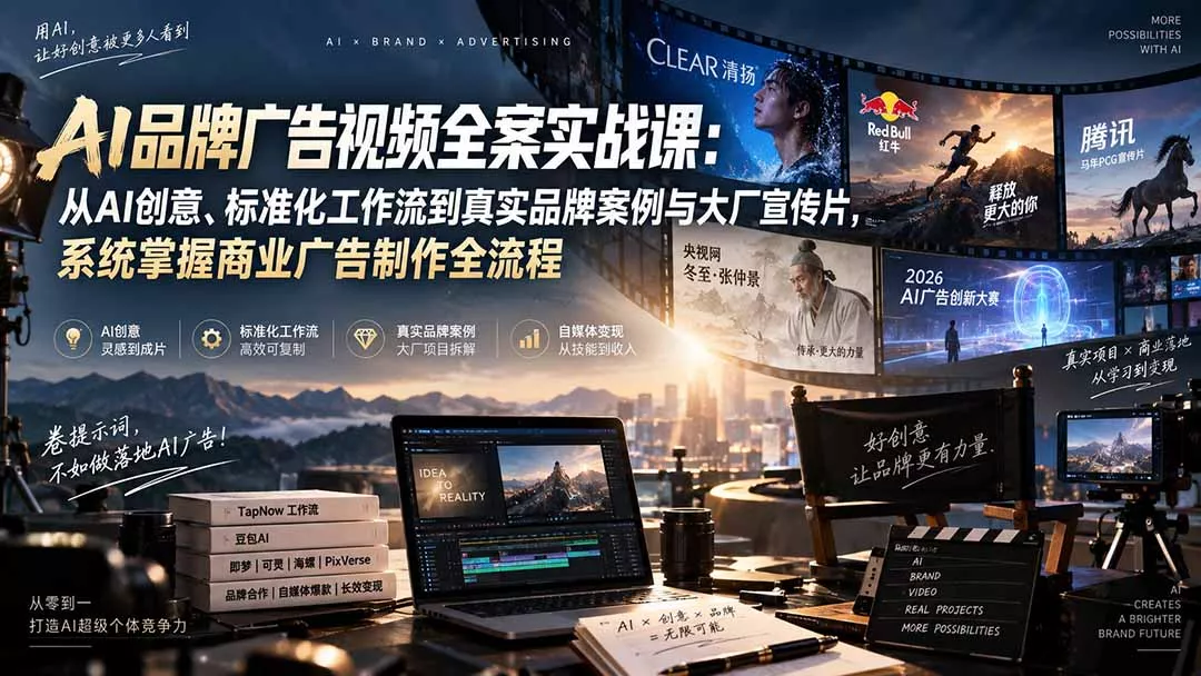 AI品牌广告视频全案实战课：从AI创意、标准化工作流到真实品牌案例与大厂宣传片，系统掌握商业广告制作全流程