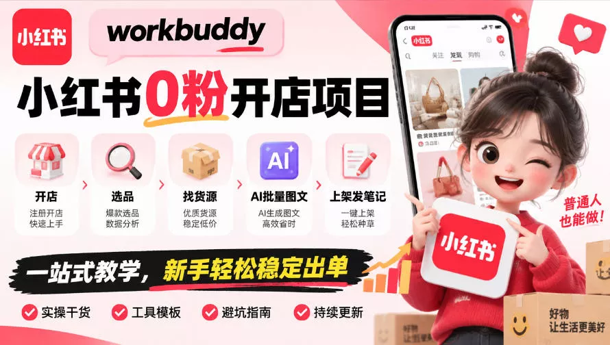 workbuddy小红书0粉开店项目，开店、选品、找货源、AI批量图文、上架发笔记一站式教学，新手轻松稳定出单祝你网--专注互联网创业.信息差副业研究拒绝割韭菜祝你网
