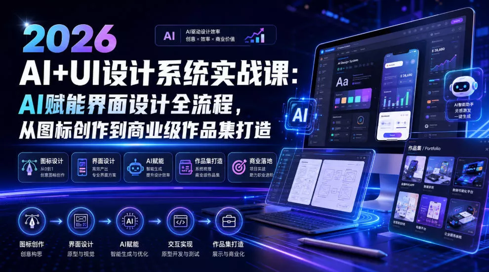 e0b53326da84148473fb28dfa3104e2c.webp 2026 AI+UI设计系统实战课:AI赋能界面设计全流程,从图标创作到商业级作品集打造