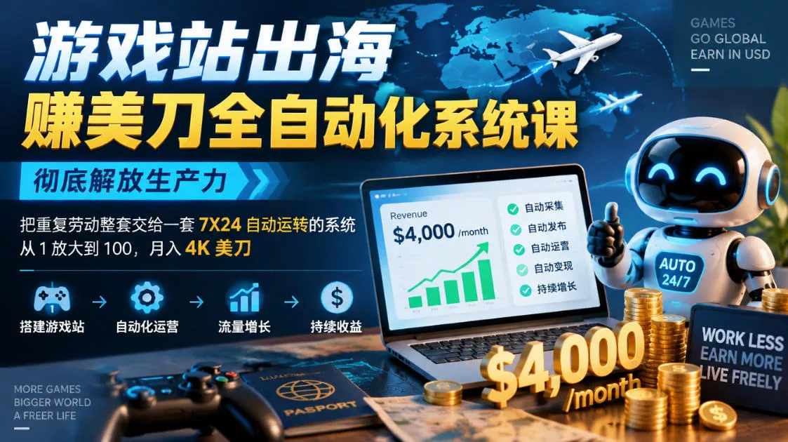 e0f78a317d5932c8e1db663b11954e79.webp 游戏站出海賺美刀全自动化系统课,彻底解放生产力–把重复劳动整套交给一套7X24自动运转的系统,从1放大到100,月入4K美刀