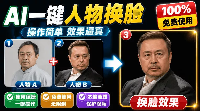 纯离线本地运行！AI一键人物lian部替换软件，支持图片换lian，效果逼真，最便捷换lian工具FaceSwap祝你网--专注互联网创业.信息差副业研究拒绝割韭菜祝你网