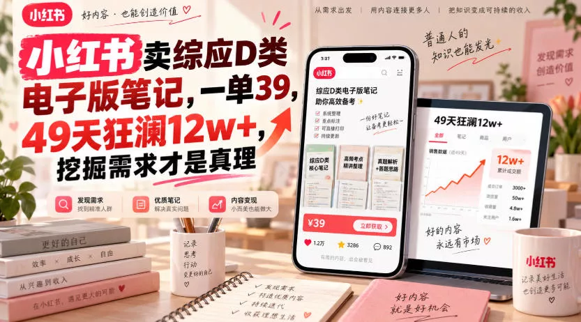 小红书卖综应D类电子版笔记,一单39,49天狂澜12w+,挖掘需求才是真理祝你网--专注互联网创业.信息差副业研究拒绝割韭菜祝你网