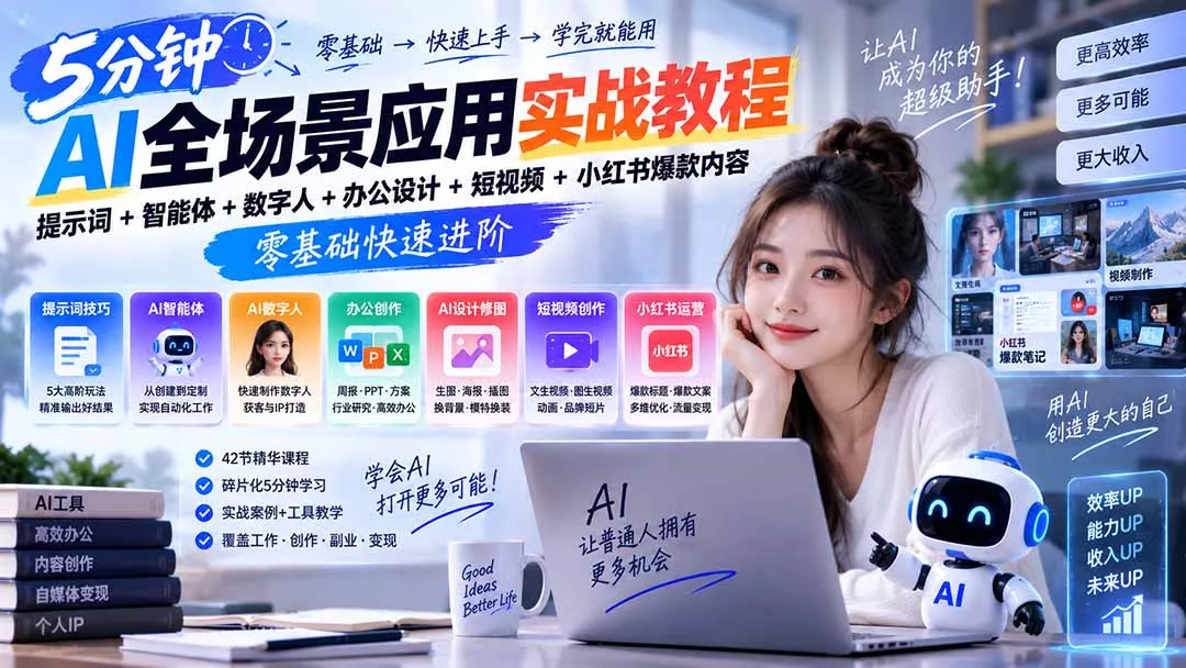 e175a3d20e5944d57695a332e7327a52.webp AI全场景应用实战教程|提示词+智能体+数字人+办公设计+短视频+小红书爆款内容,零基础快速进阶