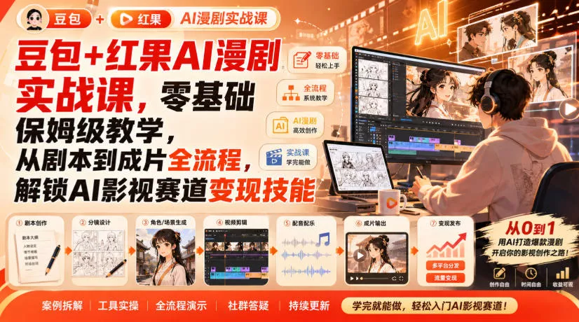 豆包+红果AI漫剧实战课，零基础保姆级教学，从剧本到成片全流程，解锁AI影视赛道变现技能祝你网--专注互联网创业.信息差副业研究拒绝割韭菜祝你网