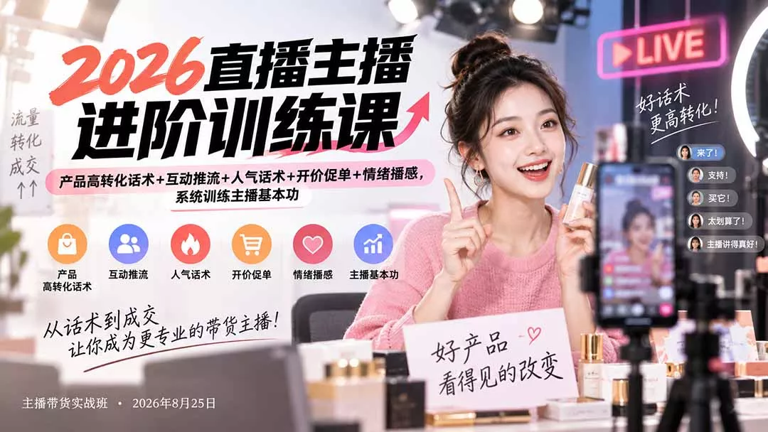 2026直播主播进阶训练课:产品高转化话术+互动推流+人气话术+开价促单+情绪播感,系统训练主播基本功祝你网--专注互联网创业.信息差副业研究拒绝割韭菜祝你网