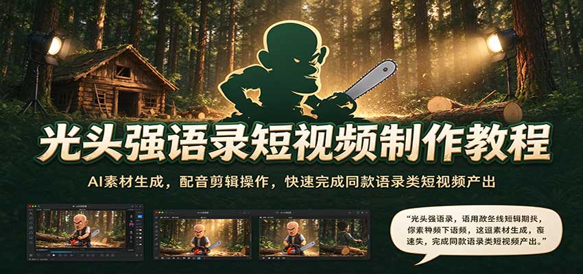 光头强语录短视频制作教程:AI素材生成,配音剪辑操作,快速完成同款语录类短视频产出祝你网--专注互联网创业.信息差副业研究拒绝割韭菜祝你网