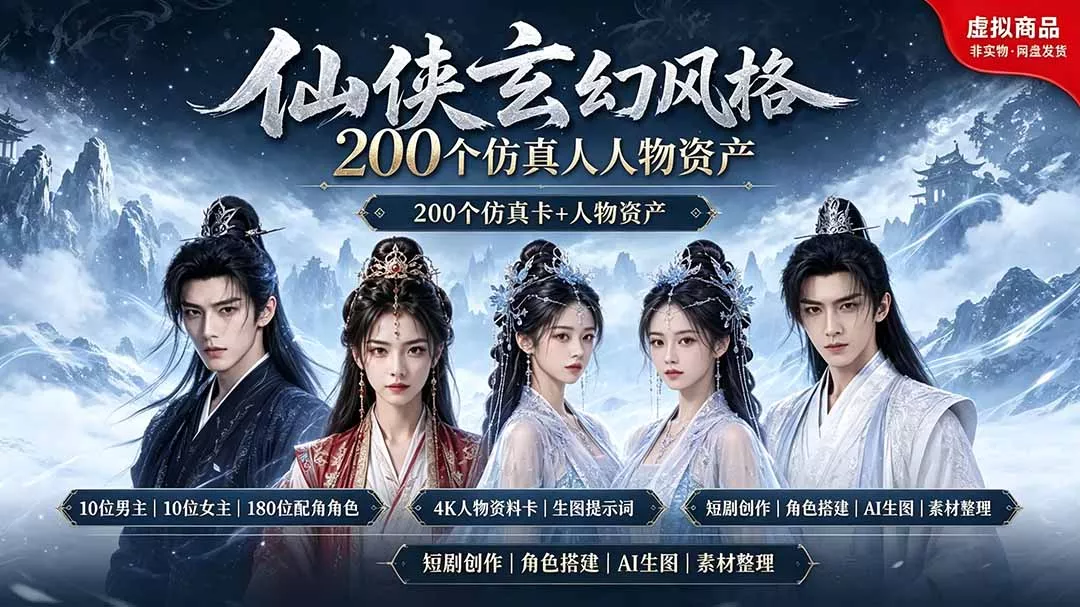 200个仙侠玄幻仿真人素材◆10男主×10女主×180配角,4K资料卡+AI生图提示词,漫剧必备祝你网--专注互联网创业.信息差副业研究拒绝割韭菜祝你网