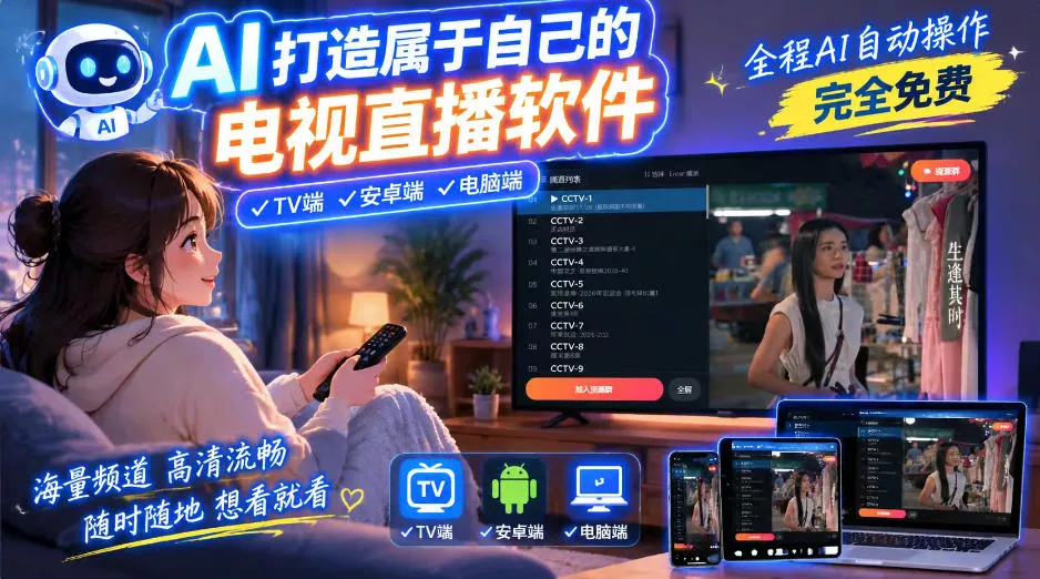 一个提示词，AI全自动做出电视直播软件，电脑、安卓、电视三端通用，完全免费，画质流畅不卡顿祝你网--专注互联网创业.信息差副业研究拒绝割韭菜祝你网