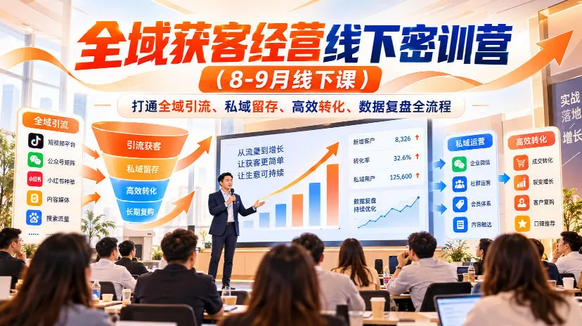 全域获客经营线下密训营(8-9月线下课)，打通全域引流、私域留存、高效转化、数据复盘全流程祝你网--专注互联网创业.信息差副业研究拒绝割韭菜祝你网