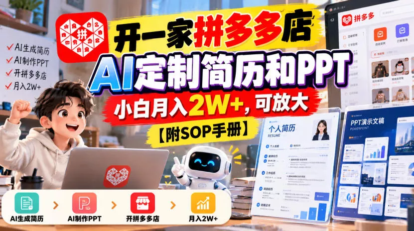e446fa84a9dcf7a104c9aa47b2e61d6c.webp 开一家拼多多店,AI定制简历和PPT,小白月入2W+,可放大【附SOP手册】【揭秘】