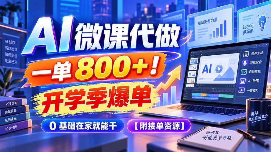 e4a5701a2eef46fcca266eadbf59c48d.jpeg (20605期)AI 微课代做,一单 800+!开学季爆单,0 基础在家就能干【附接单资源】