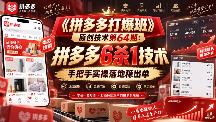 《拼多多打爆班》原创技术第64期：拼多多6杀1技术，手把手实操落地稳出单祝你网--专注互联网创业.信息差副业研究拒绝割韭菜祝你网