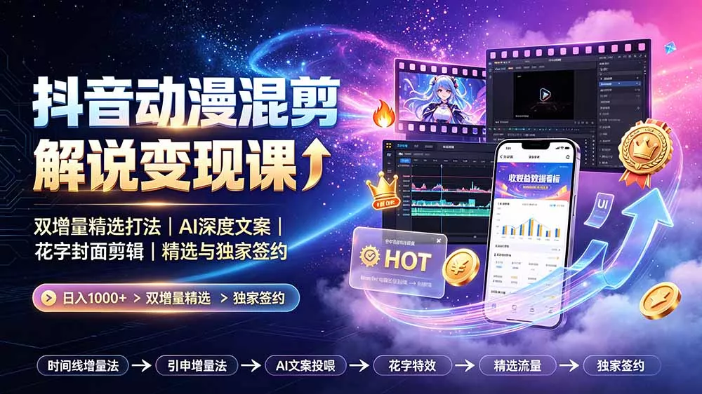 抖音动漫混剪解说变现课:双增量精选打法|AI深度文案|花字封面剪辑| 精选与独家签约日入1000+祝你网--专注互联网创业.信息差副业研究拒绝割韭菜祝你网