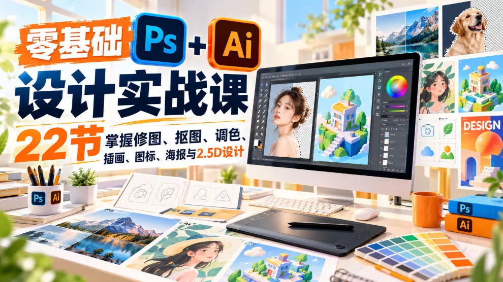 e5564b1139b4e59a3c812298712dd883.webp 【无水印】零基础PS+AI设计实战课|22节掌握修图、抠图、调色、插画、图标、海报与2.5D设计